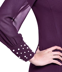 KARL LAGERFELD PARIS Scuba Crepe Crew Neck Chiffon Long Sleeve Pearl Cuff Sheath Dress