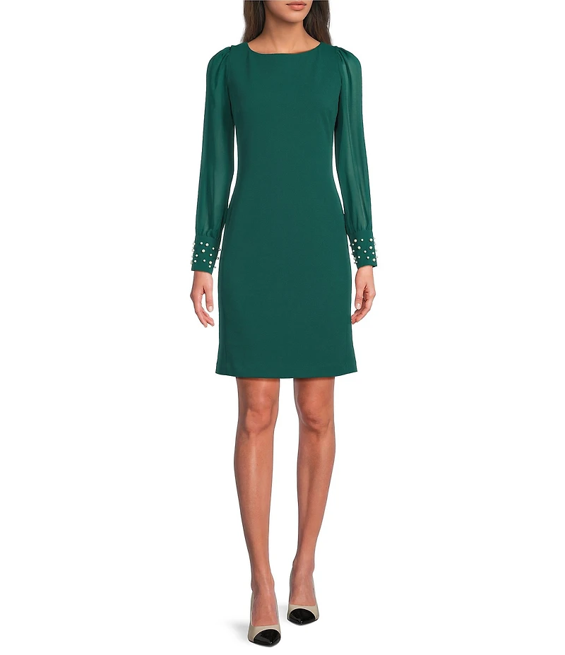 KARL LAGERFELD PARIS Scuba Crepe Crew Neck Chiffon Long Sleeve Pearl Cuff Sheath Mini Dress