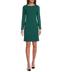 KARL LAGERFELD PARIS Scuba Crepe Crew Neck Chiffon Long Sleeve Pearl Cuff Sheath Mini Dress