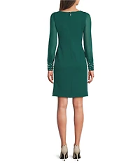 KARL LAGERFELD PARIS Scuba Crepe Crew Neck Chiffon Long Sleeve Pearl Cuff Sheath Mini Dress