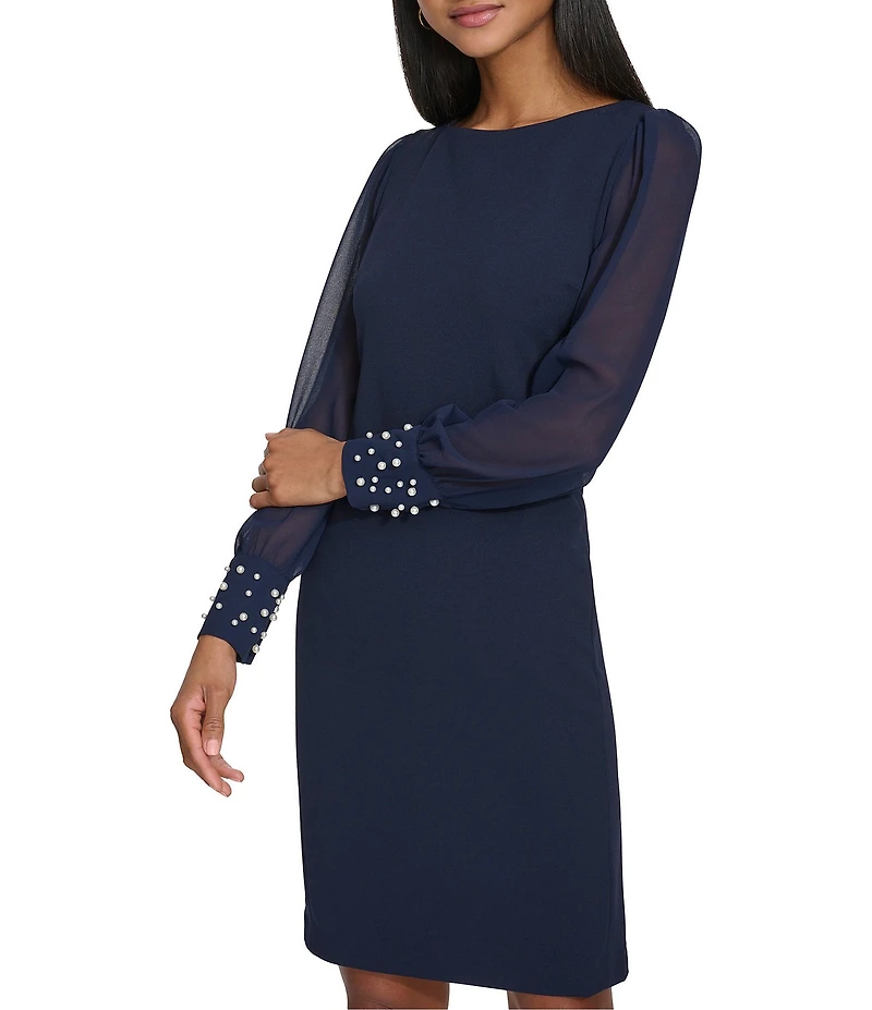 KARL LAGERFELD PARIS Scuba Crepe Crew Neck Chiffon Long Sleeve Pearl Cuff Sheath Mini Dress