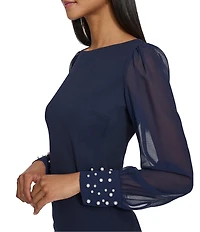 KARL LAGERFELD PARIS Scuba Crepe Crew Neck Chiffon Long Sleeve Pearl Cuff Sheath Mini Dress