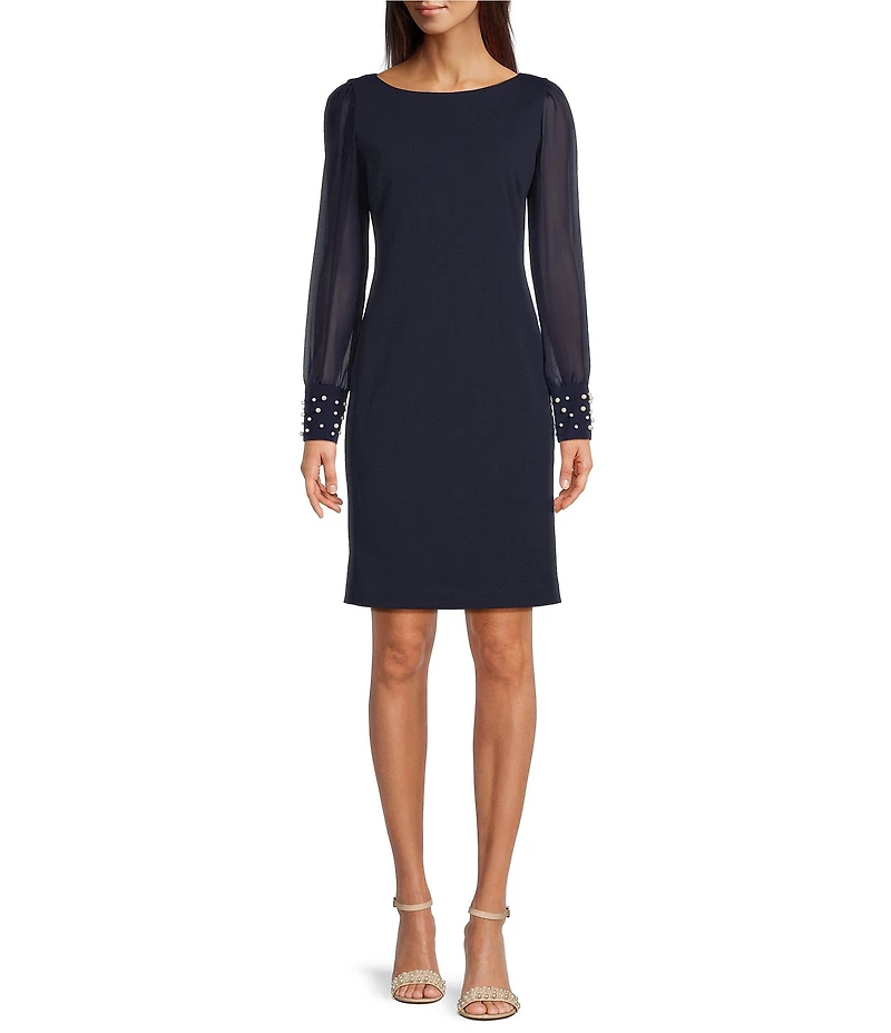 KARL LAGERFELD PARIS Scuba Crepe Crew Neck Chiffon Long Sleeve Pearl Cuff Sheath Mini Dress
