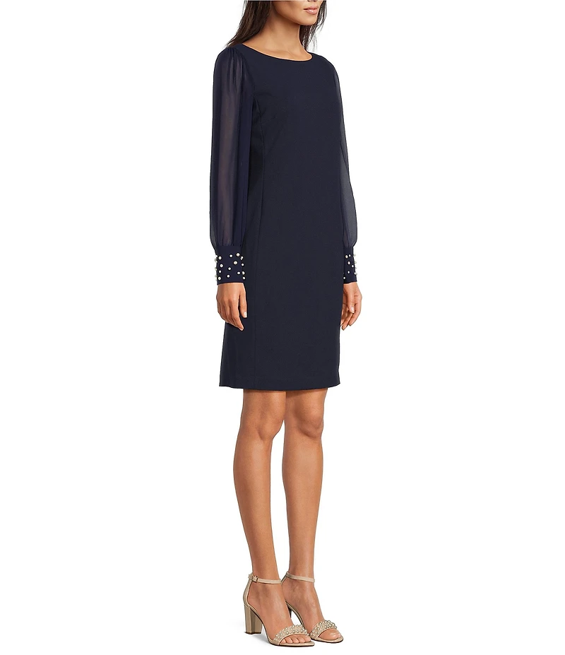 KARL LAGERFELD PARIS Scuba Crepe Crew Neck Chiffon Long Sleeve Pearl Cuff Sheath Mini Dress