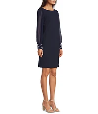 KARL LAGERFELD PARIS Scuba Crepe Crew Neck Chiffon Long Sleeve Pearl Cuff Sheath Mini Dress