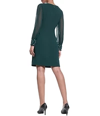 KARL LAGERFELD PARIS Scuba Crepe Crew Neck Chiffon Long Sleeve Pearl Cuff Sheath Dress