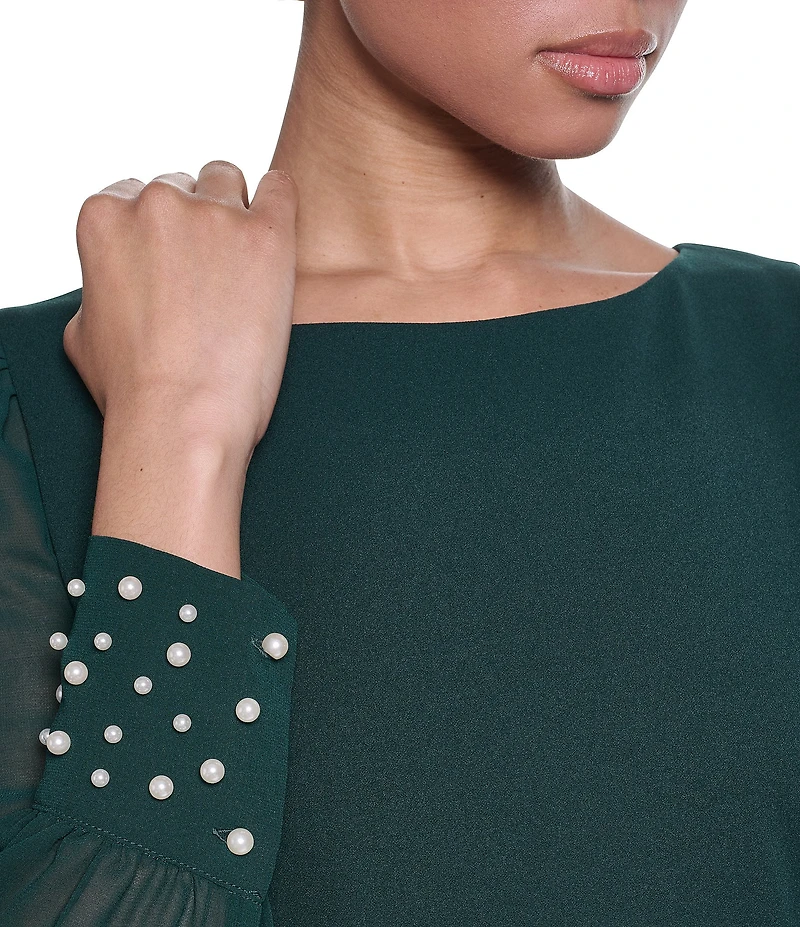 KARL LAGERFELD PARIS Scuba Crepe Crew Neck Chiffon Long Sleeve Pearl Cuff Sheath Dress