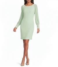 KARL LAGERFELD PARIS Scuba Crepe Crew Neck Chiffon Long Sleeve Pearl Cuff Sheath Mini Dress