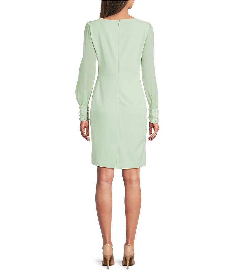 KARL LAGERFELD PARIS Scuba Crepe Crew Neck Chiffon Long Sleeve Pearl Cuff Sheath Mini Dress