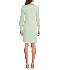KARL LAGERFELD PARIS Scuba Crepe Crew Neck Chiffon Long Sleeve Pearl Cuff Sheath Mini Dress