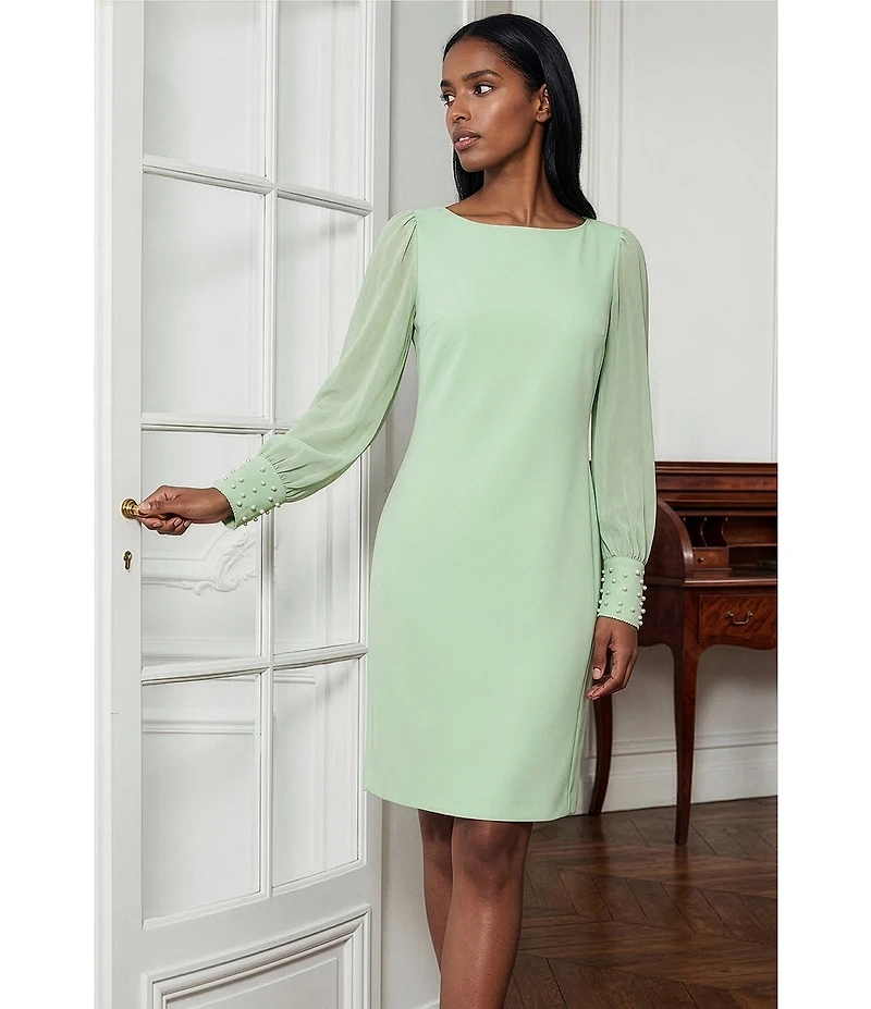 KARL LAGERFELD PARIS Scuba Crepe Crew Neck Chiffon Long Sleeve Pearl Cuff Sheath Mini Dress