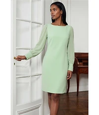 KARL LAGERFELD PARIS Scuba Crepe Crew Neck Chiffon Long Sleeve Pearl Cuff Sheath Mini Dress