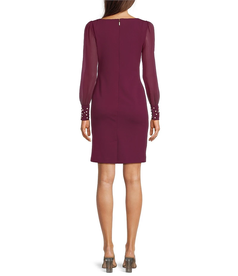 KARL LAGERFELD PARIS Scuba Crepe Crew Neck Chiffon Long Sleeve Pearl Cuff Sheath Mini Dress