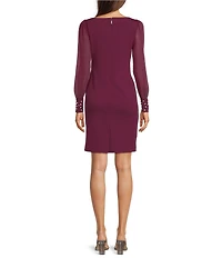 KARL LAGERFELD PARIS Scuba Crepe Crew Neck Chiffon Long Sleeve Pearl Cuff Sheath Mini Dress