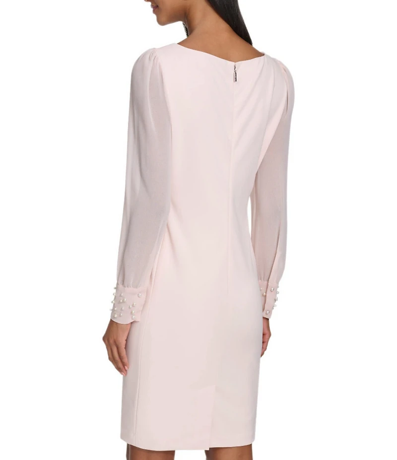KARL LAGERFELD PARIS Scuba Crepe Crew Neck Chiffon Long Sleeve Pearl Cuff Sheath Mini Dress