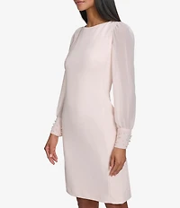 KARL LAGERFELD PARIS Scuba Crepe Crew Neck Chiffon Long Sleeve Pearl Cuff Sheath Mini Dress