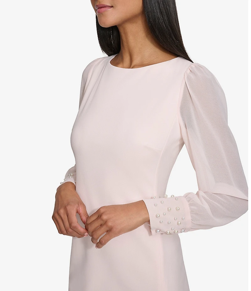 KARL LAGERFELD PARIS Scuba Crepe Crew Neck Chiffon Long Sleeve Pearl Cuff Sheath Mini Dress