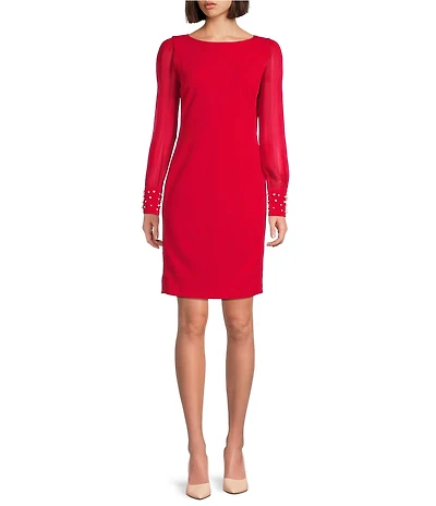 KARL LAGERFELD PARIS Scuba Crepe Crew Neck Chiffon Long Sleeve Pearl Cuff Sheath Mini Dress