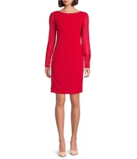 KARL LAGERFELD PARIS Scuba Crepe Crew Neck Chiffon Long Sleeve Pearl Cuff Sheath Mini Dress