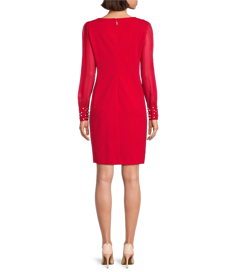 KARL LAGERFELD PARIS Scuba Crepe Crew Neck Chiffon Long Sleeve Pearl Cuff Sheath Mini Dress