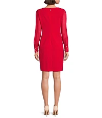KARL LAGERFELD PARIS Scuba Crepe Crew Neck Chiffon Long Sleeve Pearl Cuff Sheath Mini Dress