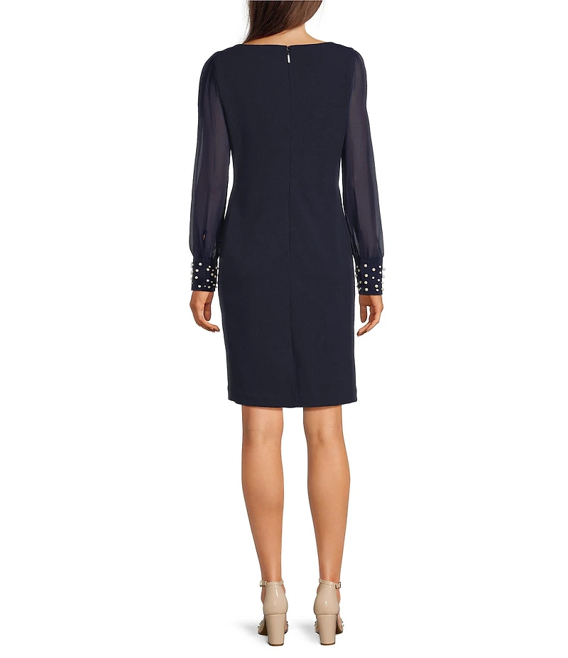 KARL LAGERFELD PARIS Scuba Crepe Crew Neck Chiffon Long Sleeve Pearl Cuff Sheath Mini Dress