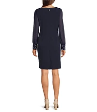 KARL LAGERFELD PARIS Scuba Crepe Crew Neck Chiffon Long Sleeve Pearl Cuff Sheath Mini Dress
