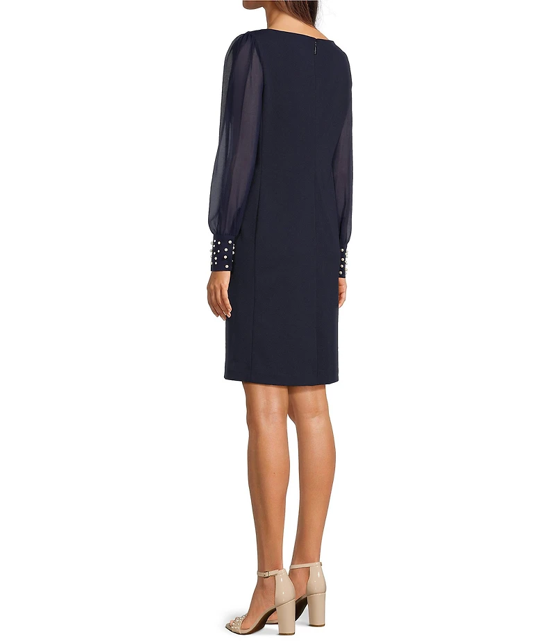 KARL LAGERFELD PARIS Scuba Crepe Crew Neck Chiffon Long Sleeve Pearl Cuff Sheath Mini Dress