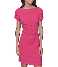 KARL LAGERFELD PARIS Scuba Crepe Crew Neck Short Sleeve Ruched Sheath Mini Dress