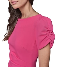 KARL LAGERFELD PARIS Scuba Crepe Crew Neck Short Sleeve Ruched Sheath Mini Dress