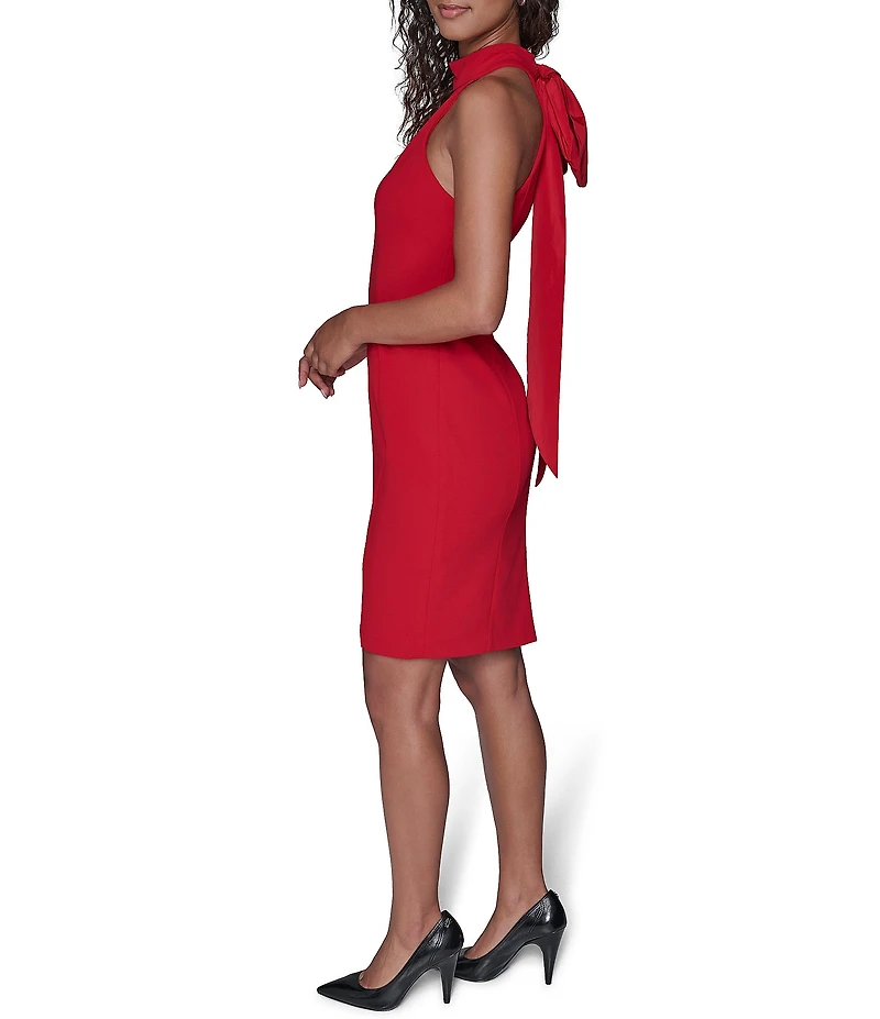 KARL LAGERFELD PARIS Scuba Crepe Halter Mock Neck Back Tie Bow Sleeveless Dress