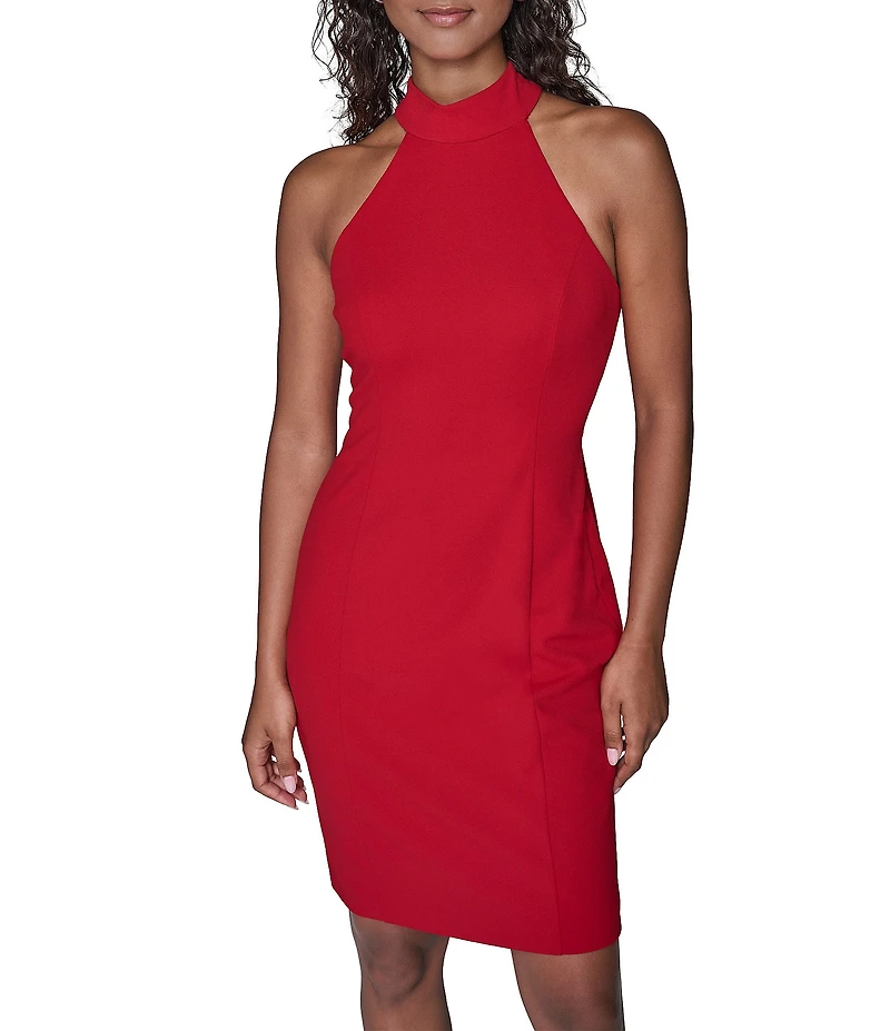 KARL LAGERFELD PARIS Scuba Crepe Halter Mock Neck Back Tie Bow Sleeveless Dress