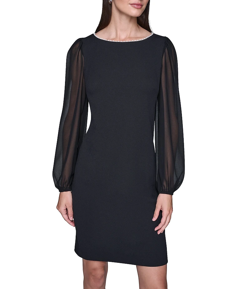 KARL LAGERFELD PARIS Scuba Crepe Illusion Long Sleeve Sheath Dress