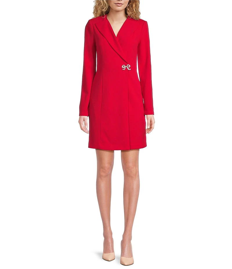 KARL LAGERFELD PARIS Scuba Crepe Long Sleeve Rhinestone Bow Wrap Jacket Dress