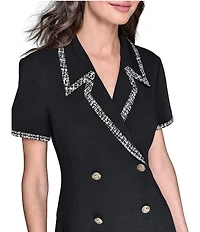KARL LAGERFELD PARIS Scuba Crepe Notch Collared Short Sleeves Jacquard Piping Shirt Dress