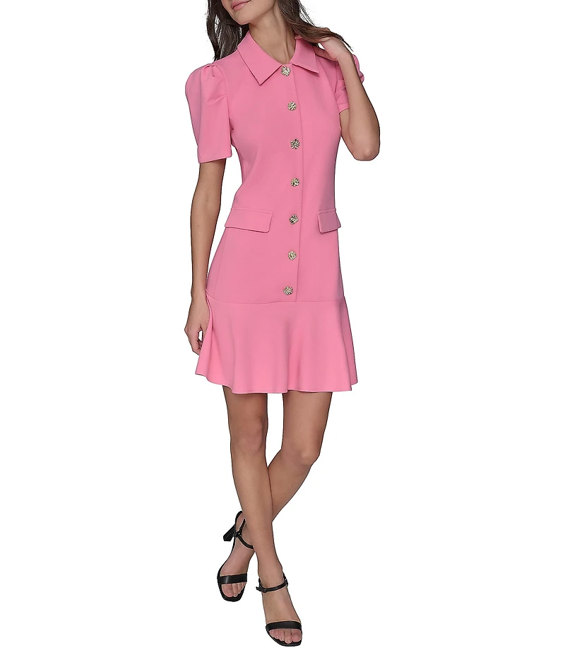 KARL LAGERFELD PARIS Scuba Crepe Point Collar Neck Short Sleeve Button Front Shirt Mini Dress