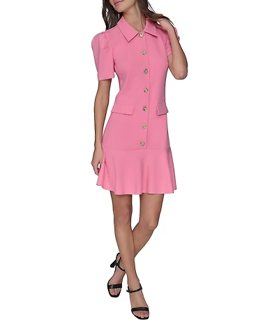 KARL LAGERFELD PARIS Scuba Crepe Point Collar Neck Short Sleeve Button Front Shirt Mini Dress