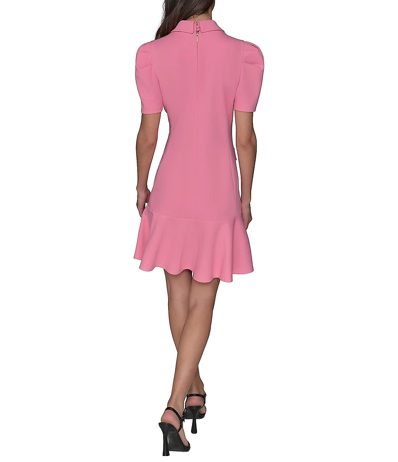 KARL LAGERFELD PARIS Scuba Crepe Point Collar Neck Short Sleeve Button Front Shirt Mini Dress