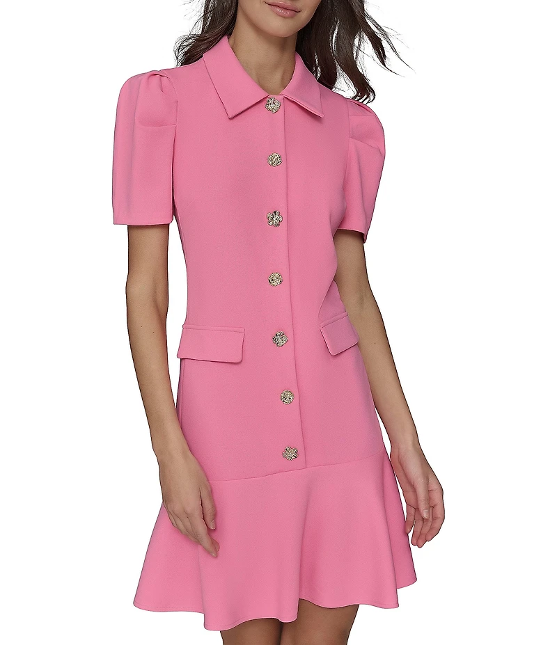 KARL LAGERFELD PARIS Scuba Crepe Point Collar Neck Short Sleeve Button Front Shirt Mini Dress