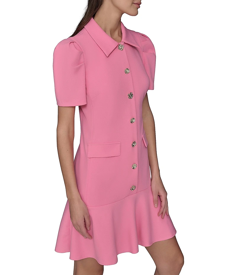 KARL LAGERFELD PARIS Scuba Crepe Point Collar Neck Short Sleeve Button Front Shirt Mini Dress