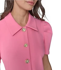 KARL LAGERFELD PARIS Scuba Crepe Point Collar Neck Short Sleeve Button Front Shirt Mini Dress