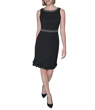 KARL LAGERFELD PARIS Scuba Crepe Rhinestone Neck Sleeveless Chiffon Trim Sheath Dress