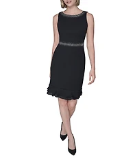 KARL LAGERFELD PARIS Scuba Crepe Rhinestone Neck Sleeveless Chiffon Trim Sheath Dress