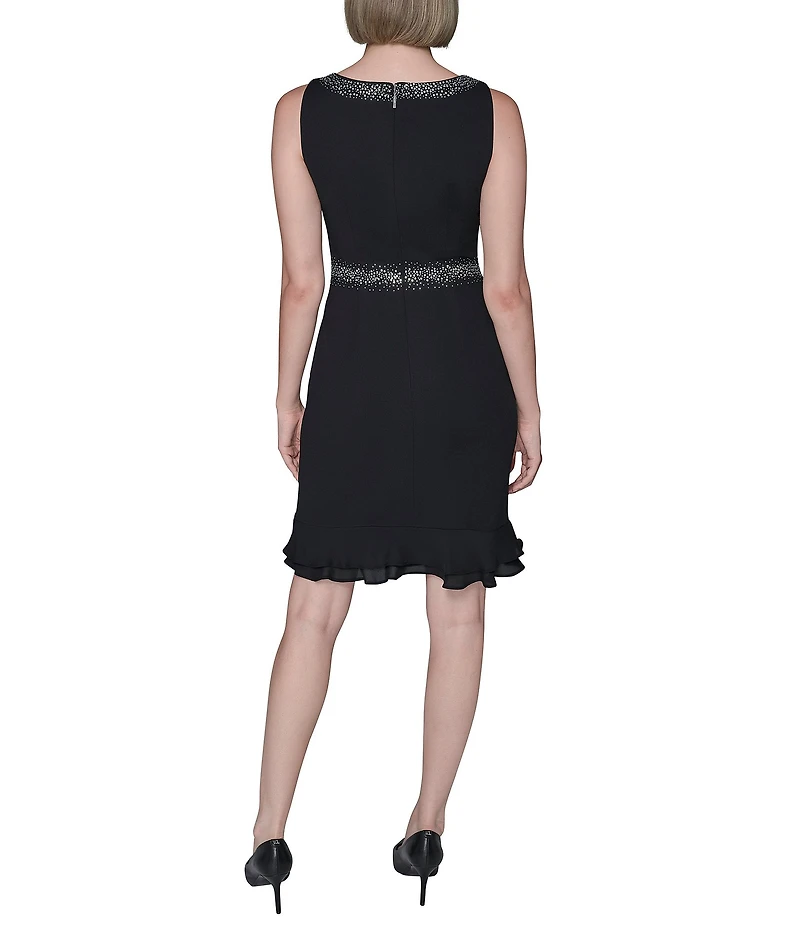 KARL LAGERFELD PARIS Scuba Crepe Rhinestone Neck Sleeveless Chiffon Trim Sheath Dress