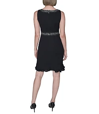 KARL LAGERFELD PARIS Scuba Crepe Rhinestone Neck Sleeveless Chiffon Trim Sheath Dress