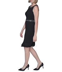 KARL LAGERFELD PARIS Scuba Crepe Rhinestone Neck Sleeveless Chiffon Trim Sheath Dress