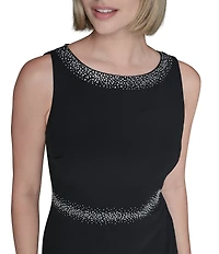 KARL LAGERFELD PARIS Scuba Crepe Rhinestone Neck Sleeveless Chiffon Trim Sheath Dress