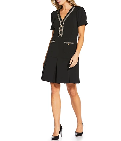 KARL LAGERFELD PARIS Scuba Crepe Short Sleeve Metallic Fringe Piping Pleated Skirt A-Line Dress