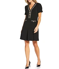 KARL LAGERFELD PARIS Scuba Crepe Short Sleeve Metallic Fringe Piping Pleated Skirt A-Line Dress