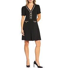 KARL LAGERFELD PARIS Scuba Crepe Short Sleeve Metallic Fringe Piping Pleated Skirt A-Line Dress
